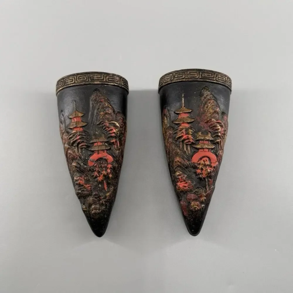 Vintage Pair Made in Japan Wall Pocket Planters Pagoda Asian Relief Decor Vase